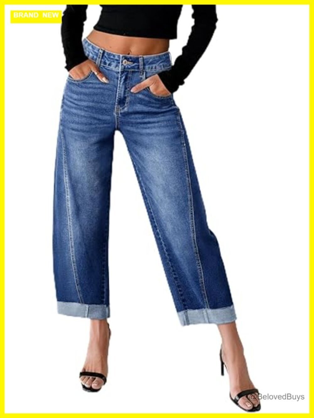 High Waisted Wide Leg Baggy Stretchy Raw Rolled Hem Capri Cropped Ankle Denim
